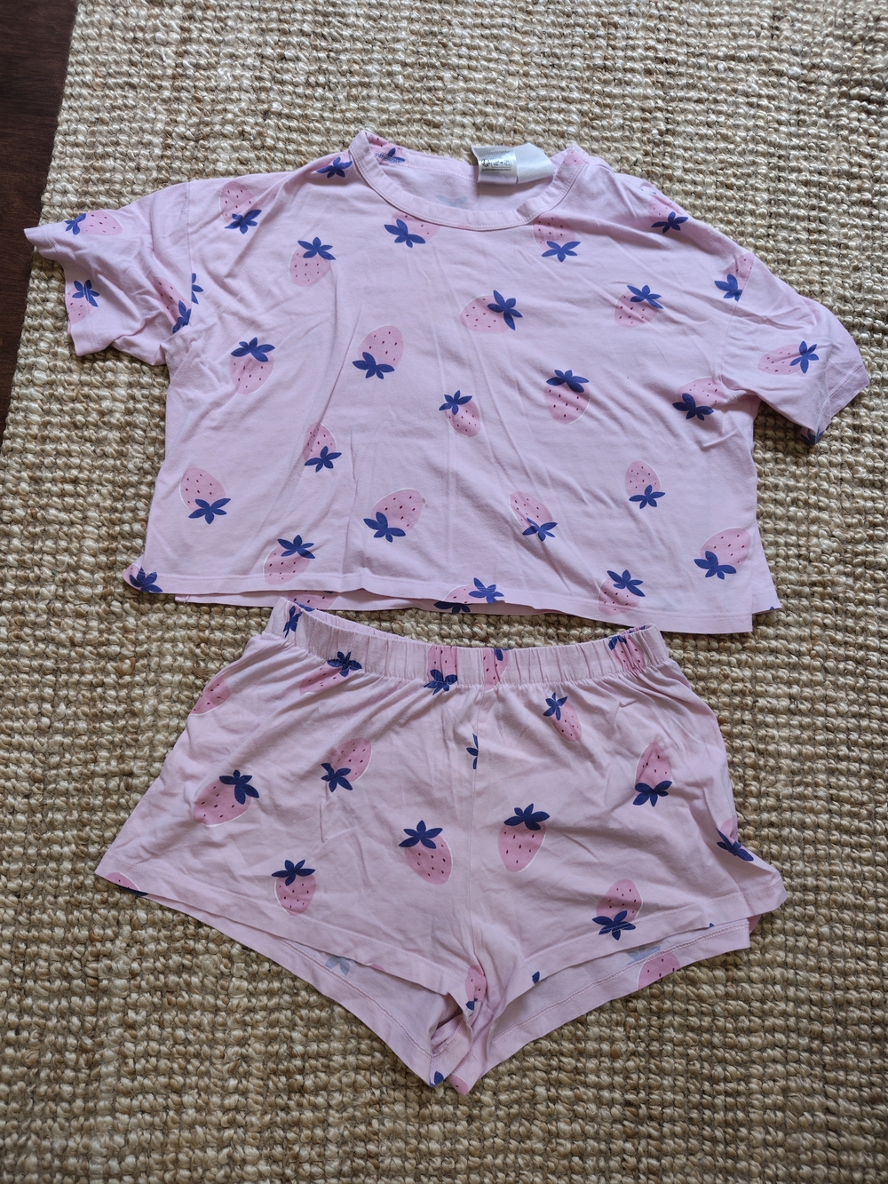 H&M Pink Strawberry Print Pajama Set with Blue Accents